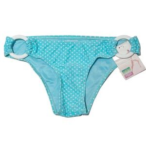 Melissa Swim Bikini Bottoms Light Blue White Polka Dots O-Ring Hips Size Small